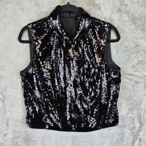 Theory Top Womens Size 6 Black Sequin Crop Roll Neck Sleeveless Party N1005501